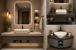 Smart Bathroom Design Ideas with Top Counter and Corner Basins